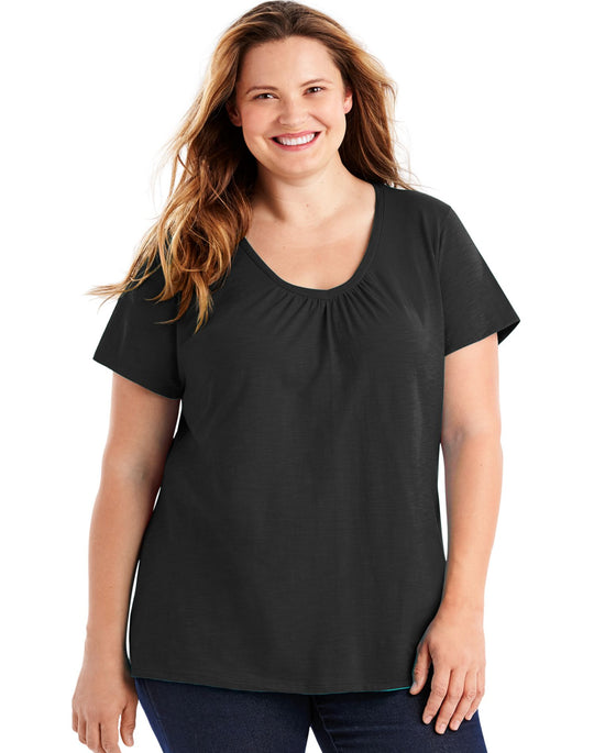 Just My Size Womens Slub-Cotton Short-Sleeve Shirred V-Neck Tee