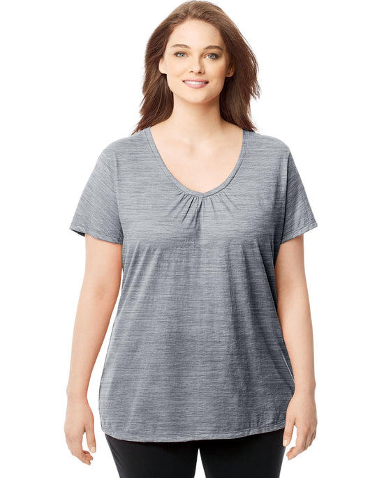 Just My Size Womens Slub-Cotton Short-Sleeve Shirred V-Neck Tee