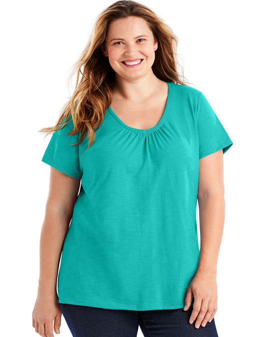 Just My Size Womens Slub-Cotton Short-Sleeve Shirred V-Neck Tee