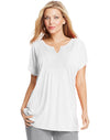 Just My Size Womens Short-Sleeve Slub-Jersey Tunic with Split V-Neck Crochet Bib Yoke